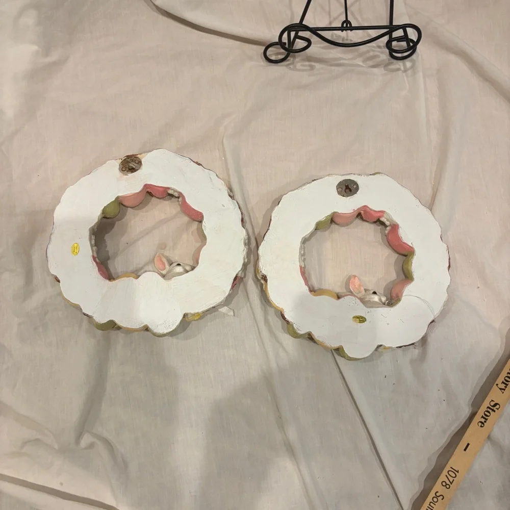 Vintage Easter Wreath Wall Decor Pair Bunny Egg Wreaths